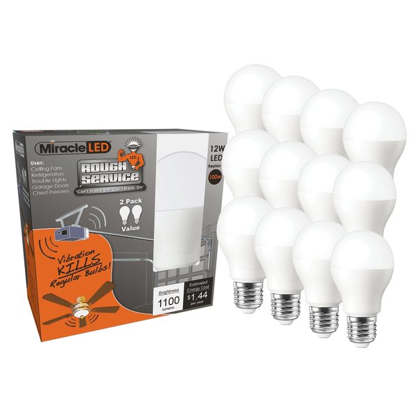 Miracle Led LED Bulb: A19, Medium Screw (E26), 100W INC, 12 W Watts, 1,100 lm, LED, PK 12 607162